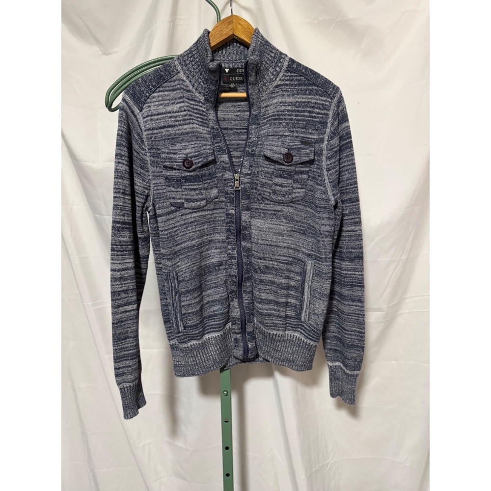 GUESS Mens Medium Full Zip Knit Sweater Jacket Gray Marled Mock Neck